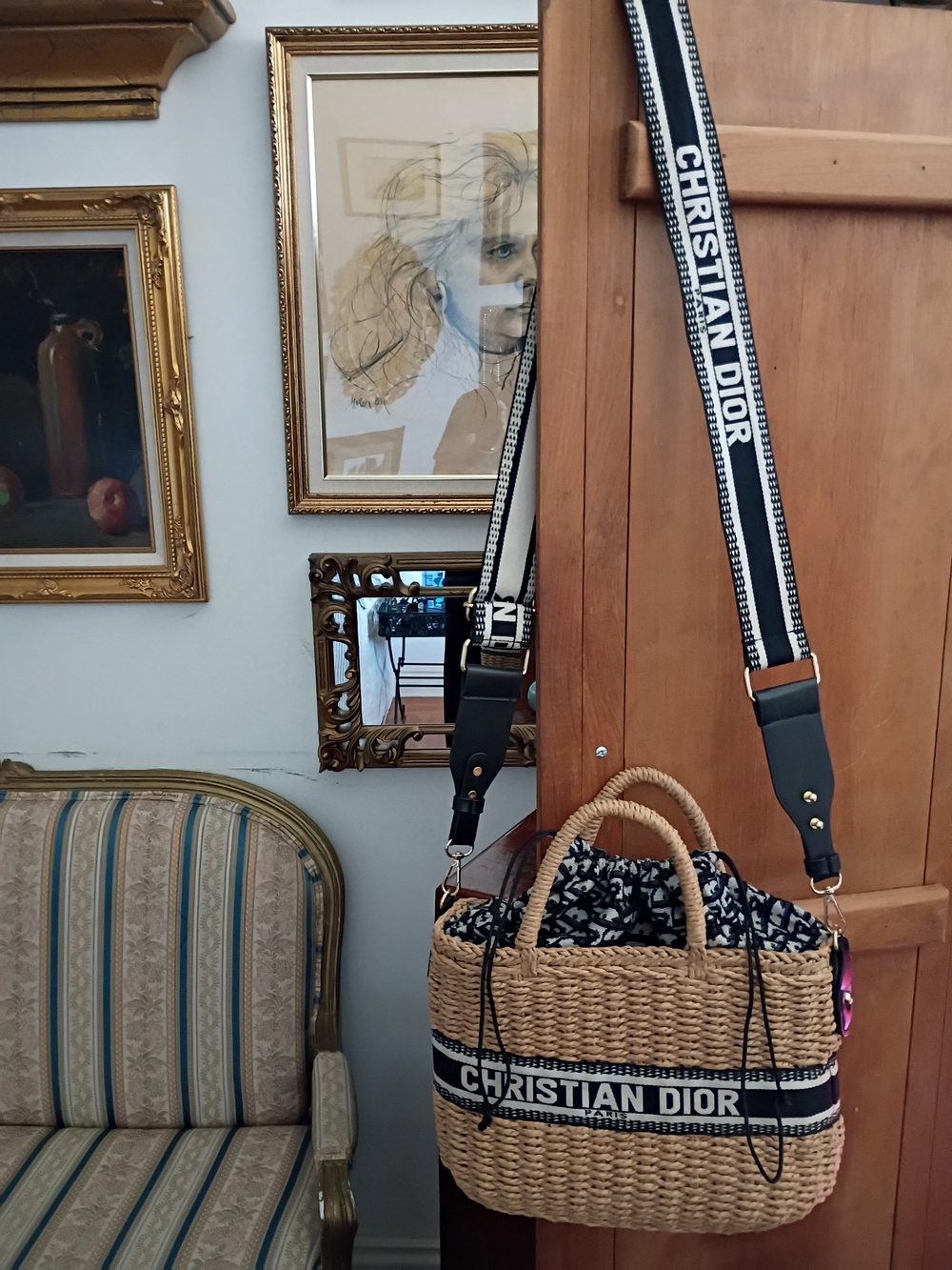 Wicker Tote Bag with Branded Strap - White & Black